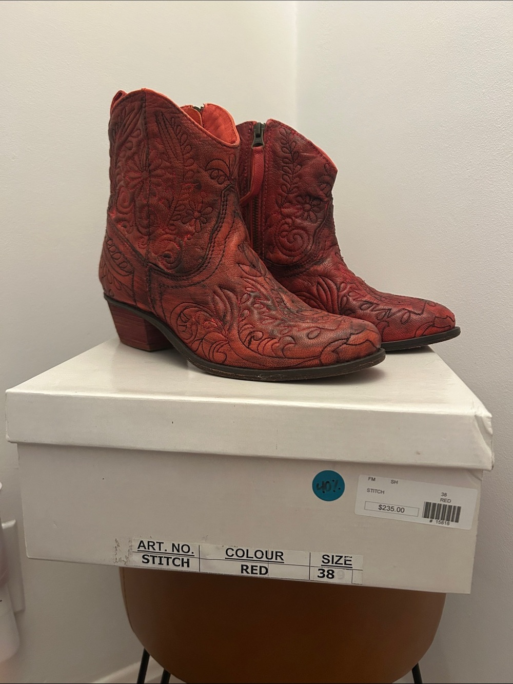 Sheridan Mia Red Embroidered Western Ankle Boots